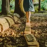 dziecko trenuję równowagę na drewnianej rownoważni